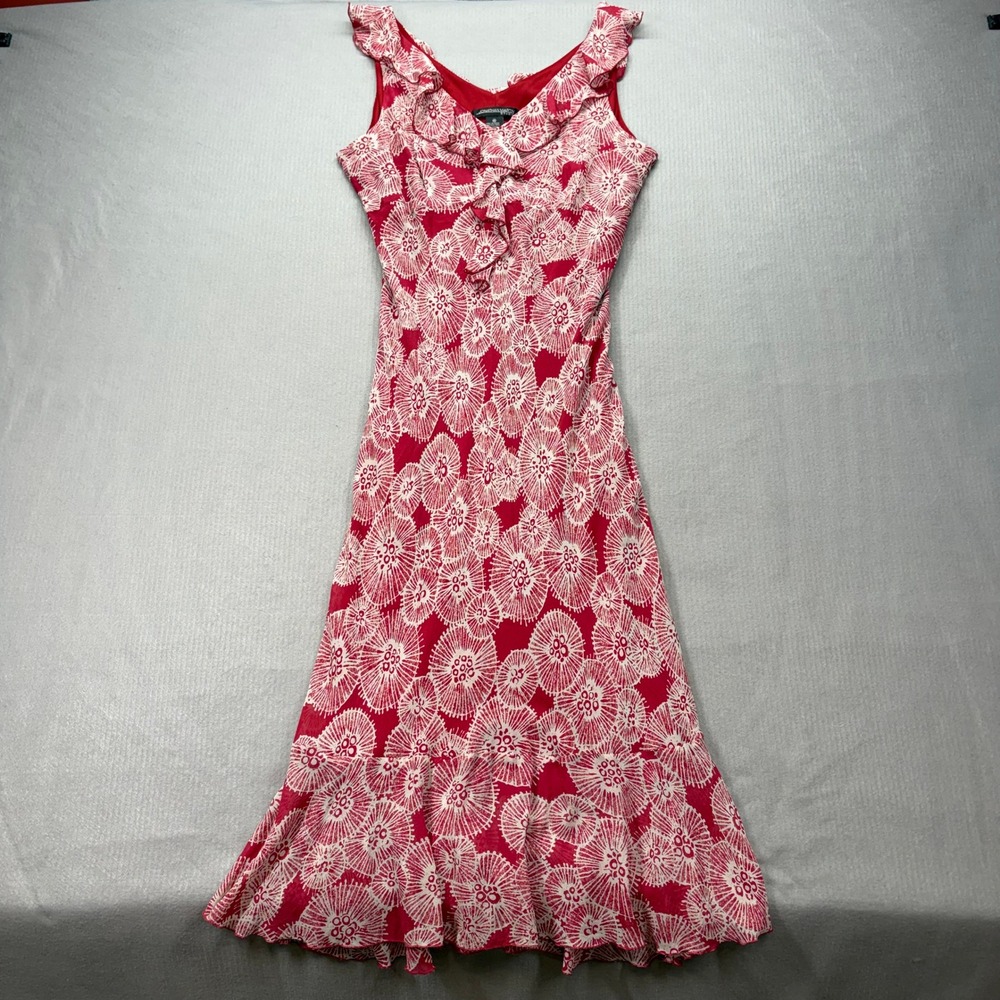 Jonathan Martin Studio Midi Dress Womens 16 Red Silk Floral Ruffle VNeck 2365801